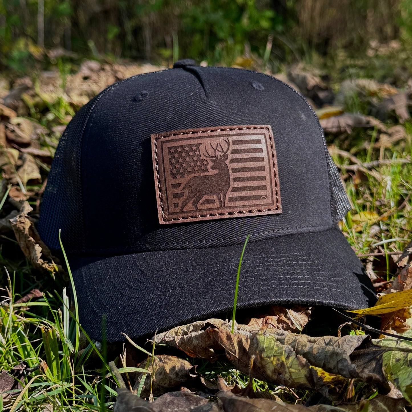 American Flag Buck Hunting Leather Patch Trucker Hat