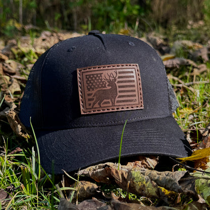 American Flag Buck Hunting Leather Patch Trucker Hat