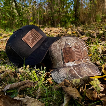 American Flag Buck Hunting Leather Patch Trucker Hat