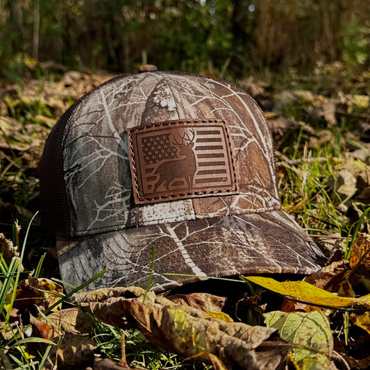 American Flag Buck Hunting Leather Patch Trucker Hat