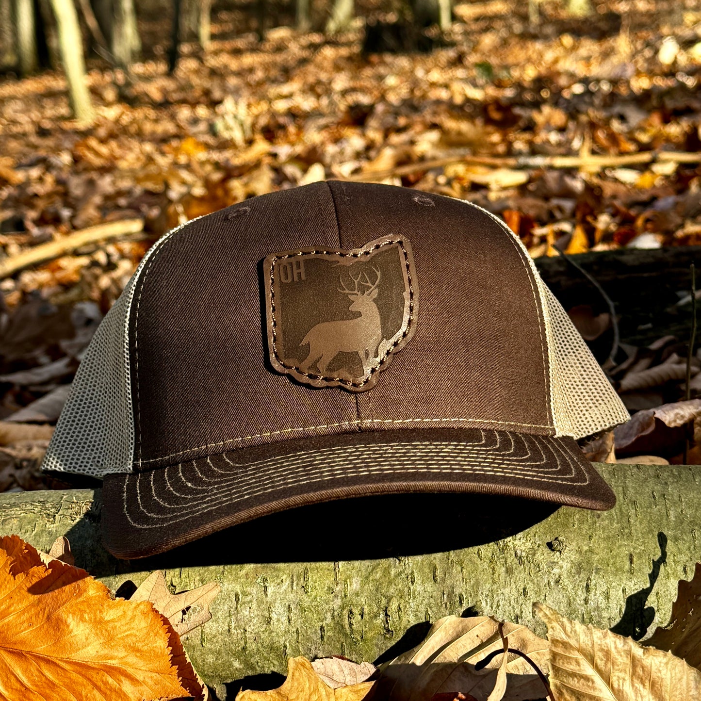 Ohio Buck Hunting Leather Patch Trucker Hat