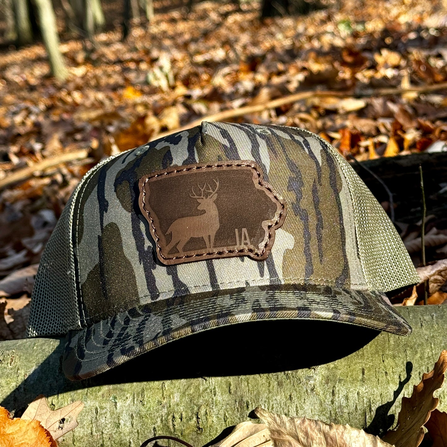 Iowa Buck Hunting Leather Patch Trucker Hat