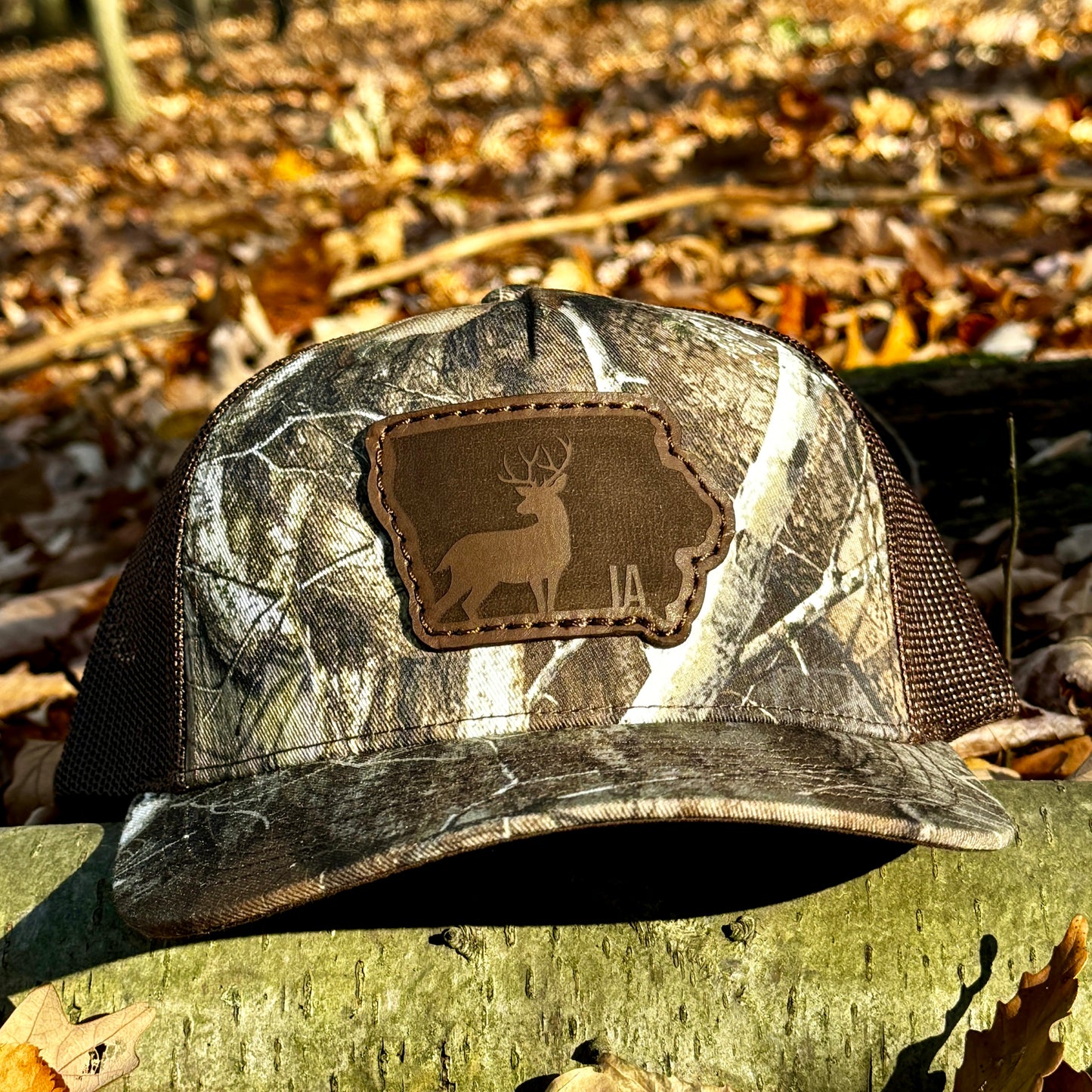 Iowa Buck Hunting Leather Patch Trucker Hat