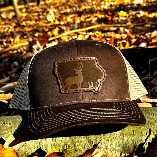 Iowa Buck Hunting Leather Patch Trucker Hat