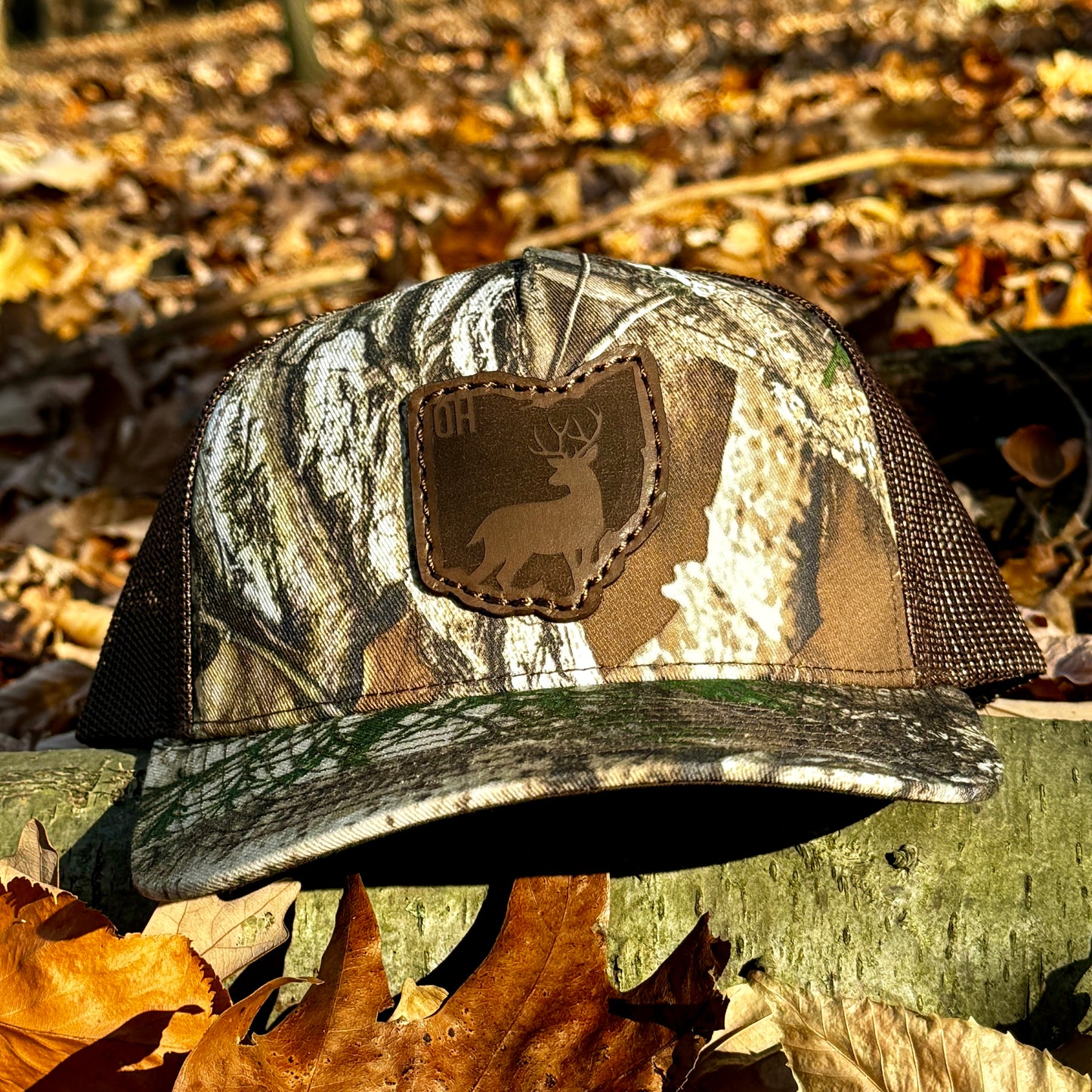 Ohio Buck Hunting Leather Patch Trucker Hat