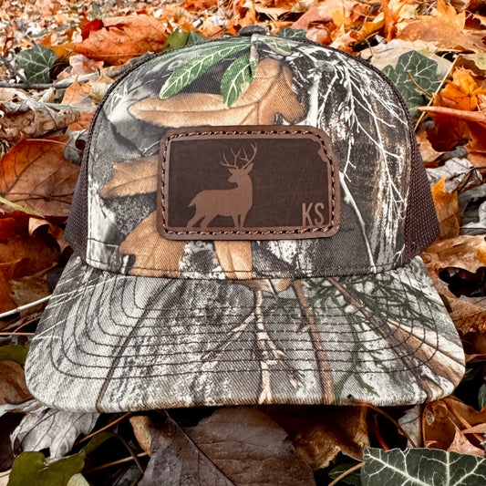 Kansas Buck Hunting Leather Patch Trucker Hat