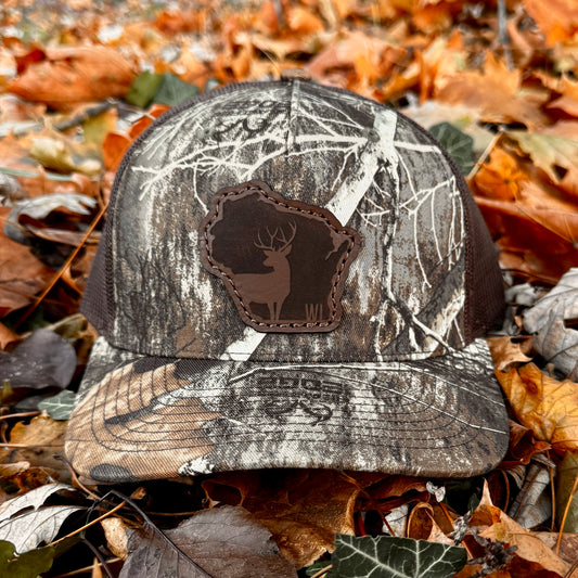 Wisconsin Buck Hunting Leather Patch Trucker Hat