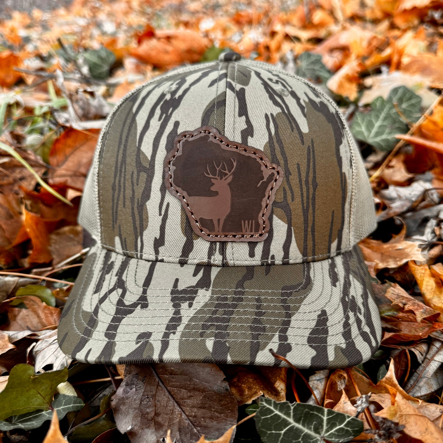 Wisconsin Buck Hunting Leather Patch Trucker Hat