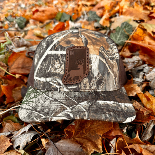 Indiana Buck Hunting Leather Patch Trucker Hat