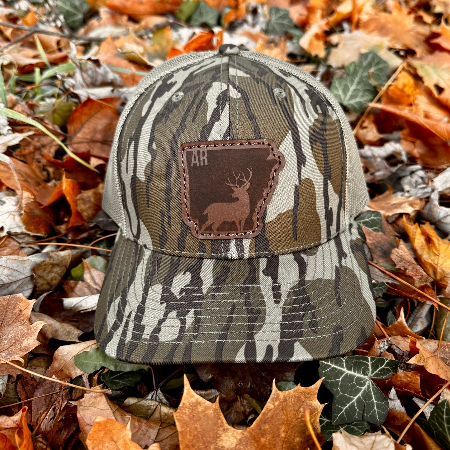 Arkansas Buck Hunting Leather Patch Trucker Hat