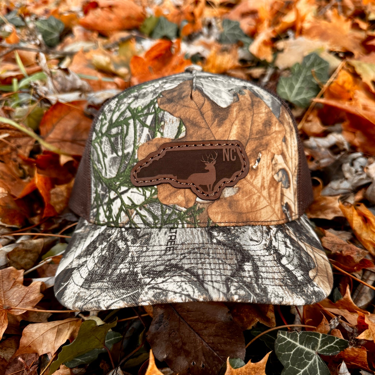 North Carolina Buck Hunting Leather Patch Trucker Hat