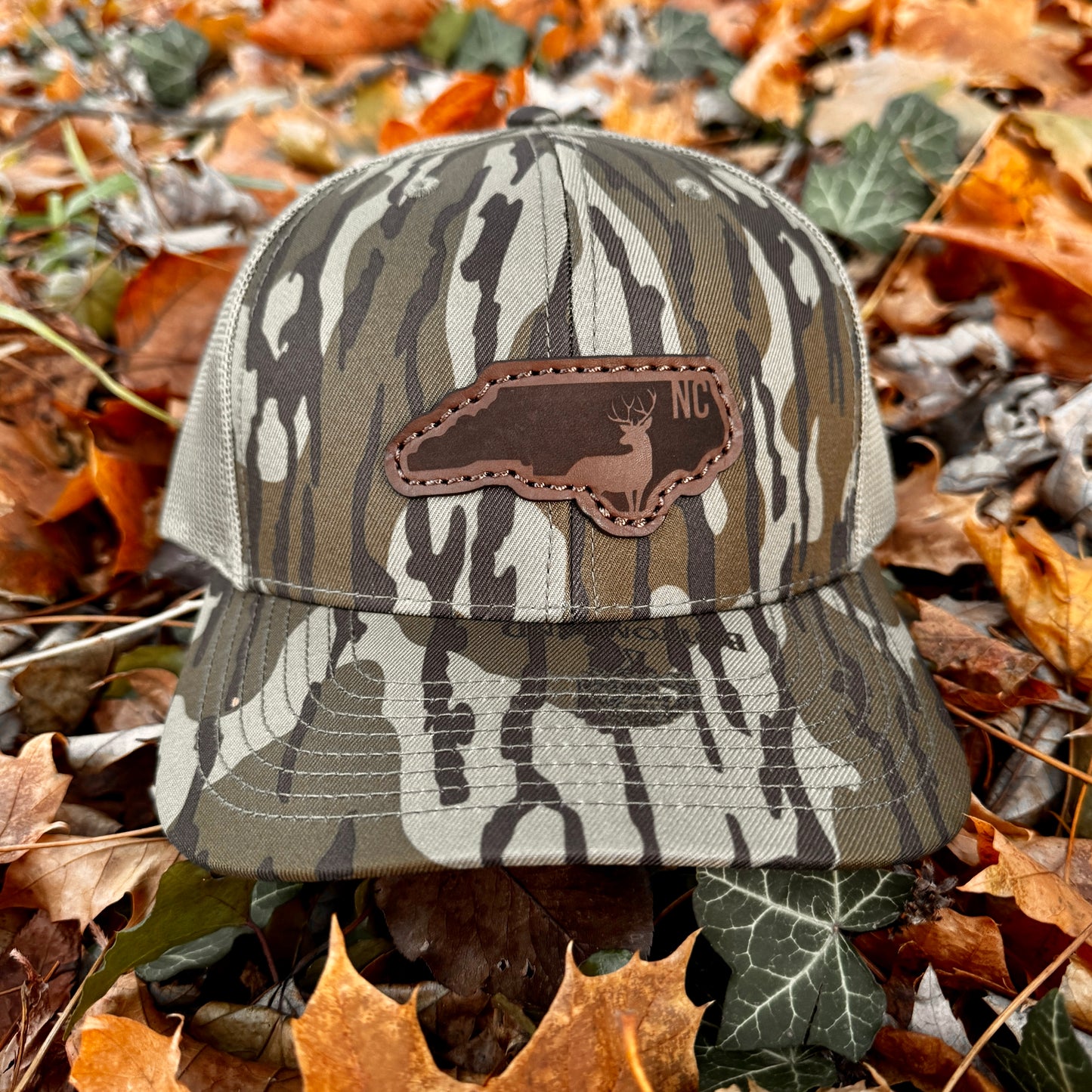 North Carolina Buck Hunting Leather Patch Trucker Hat