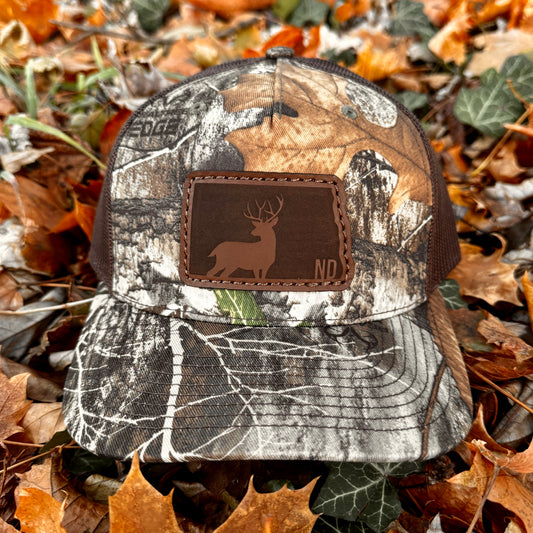 North Dakota Buck Hunting Leather Patch Trucker Hat