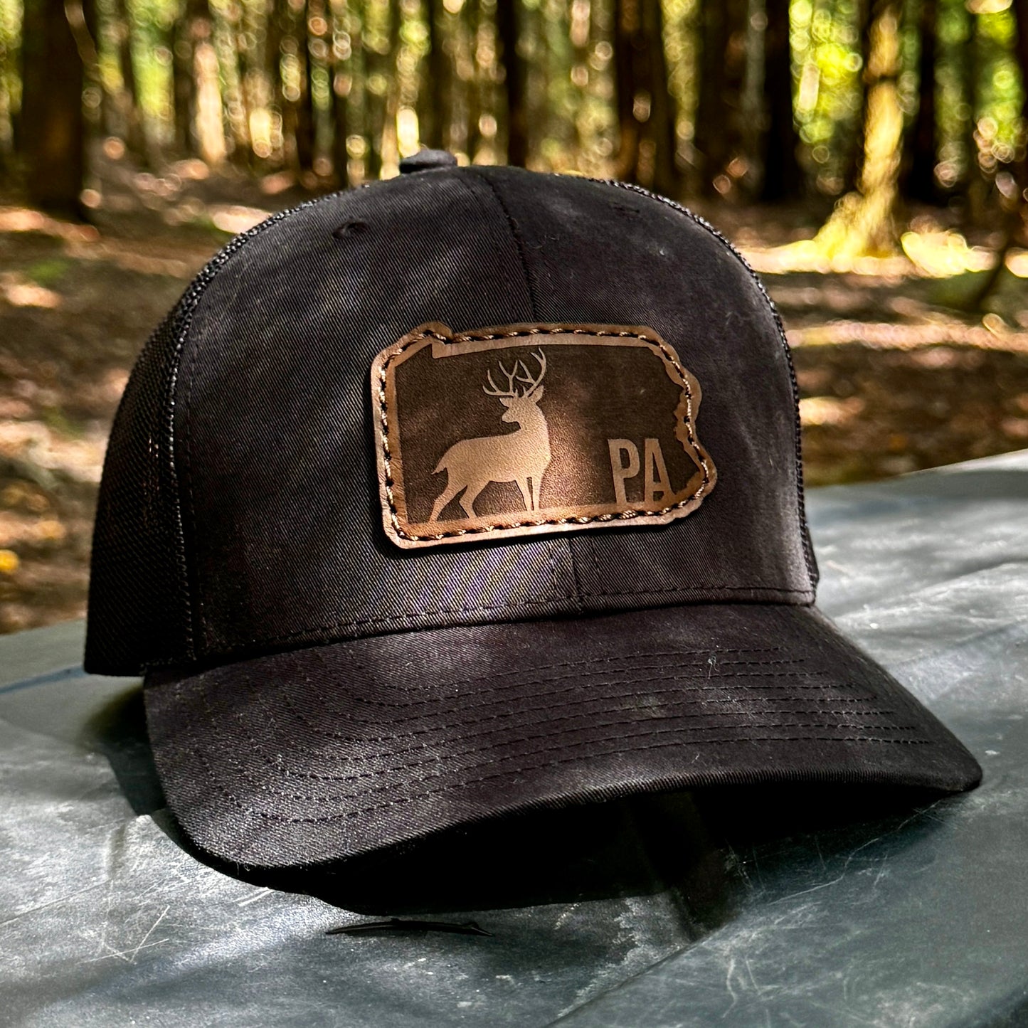 Pennsylvania Black Deer Buck Hunting Leather Patch Hat 